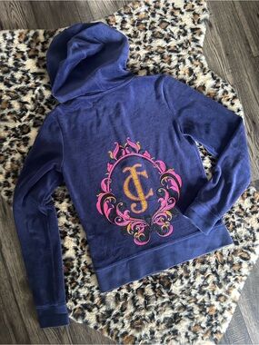 Violet Juicy Couture Velour Zip Sweater with Pink and Gold Logo Design